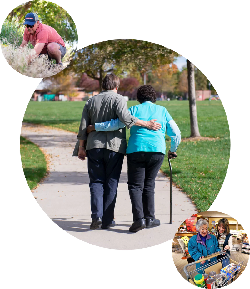 Photograph collage showing a senior volunteer helping in the yard, walking down a street and helping with grocery shopping